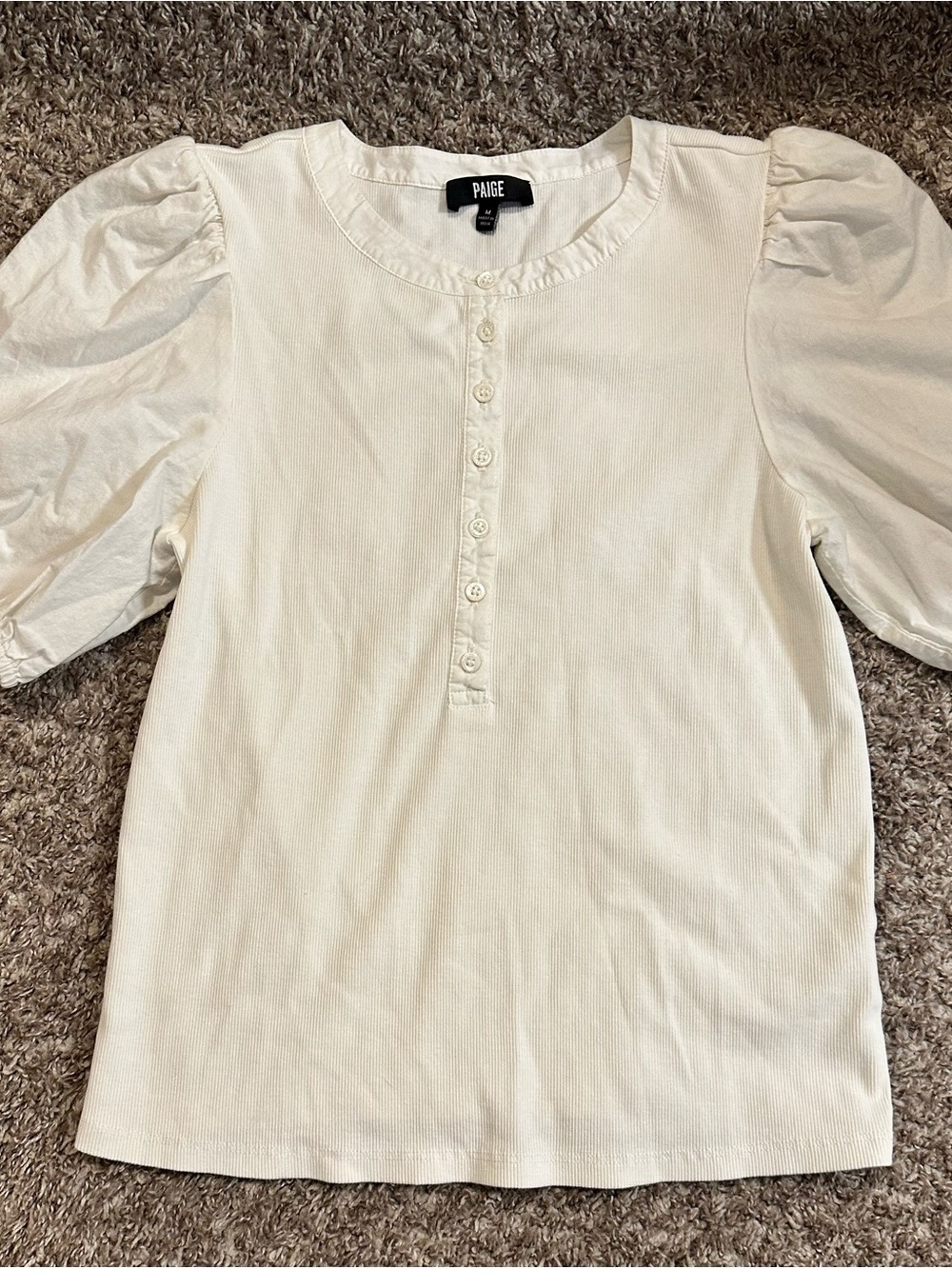 PAIGE Off-White Puff Sleeve Button Henley Top